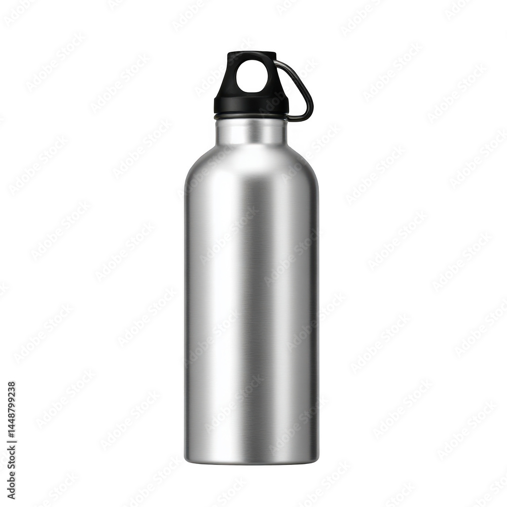 Silver water bottle with black cap on transparent background Silver water bottle with black cap on transparent background