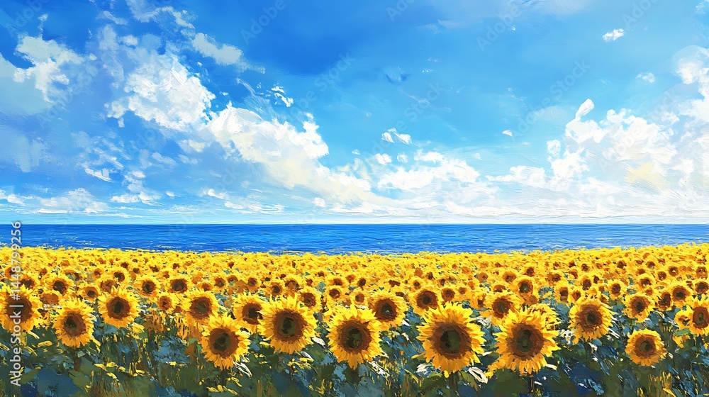 Obraz premium Picturesque sunflower field meeting the endless blue sea on a sunny afternoon generative ai