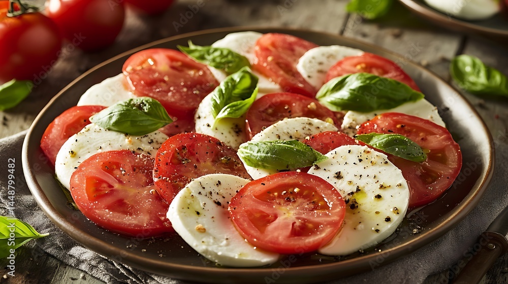 Caprese Salad with Fresh Tomatoes, Mozzarella Slices, and Basil Leaves on Plate Caprese Salad with Fresh Tomatoes, Mozzarella Slices, and Basil Leaves on Plate