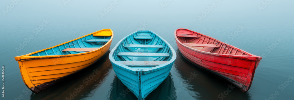 Fog hovering over small fishing boats docked near a village shore