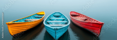 Fog hovering over small fishing boats docked near a village shore