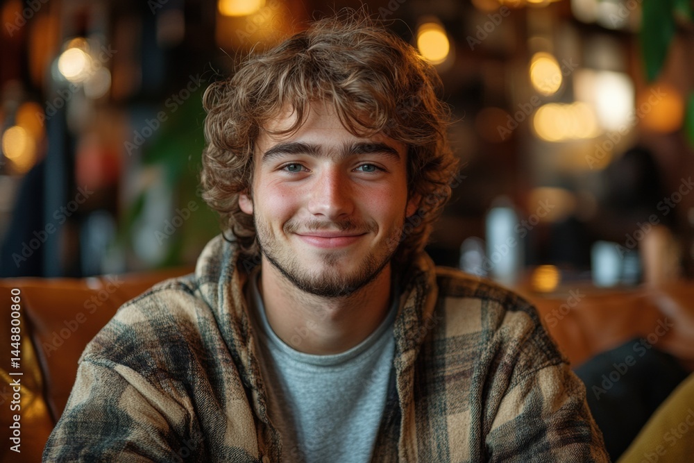 Smiling young man enjoying cozy lifestyle portrait at home warm atmosphere intimate view Smiling young man enjoying cozy lifestyle portrait at home warm atmosphere intimate view