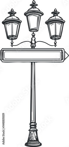 Black and white vintage streetlamp with three lanterns and an empty arrow signpost for directions