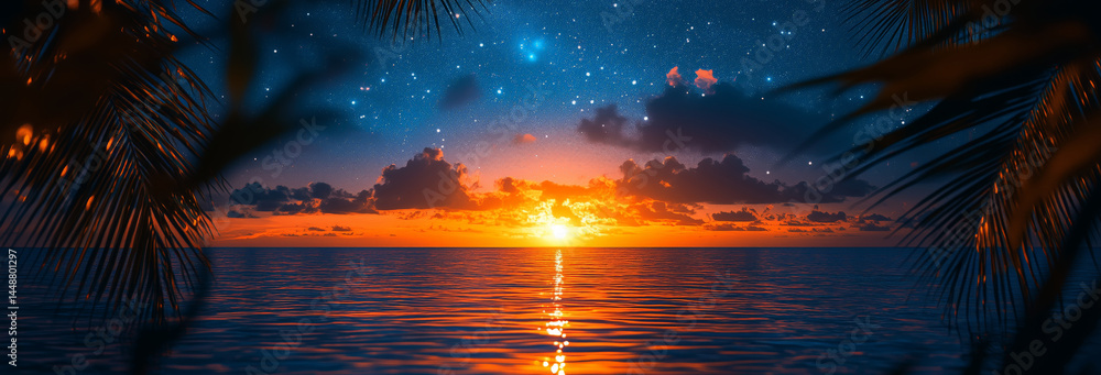 Tropical clear night sky with visible constellations, low horizon, palm trees framing the shot.
