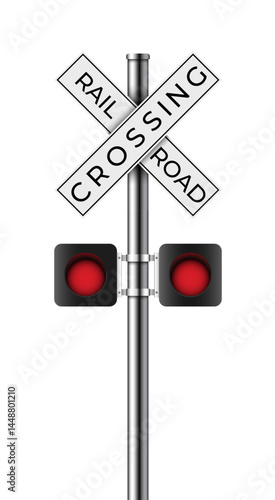 Railway crossing sign with flashing lights. Vector illustration