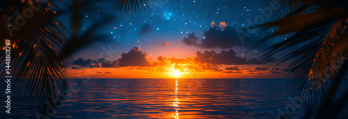 Obraz na płótnie Tropical clear night sky with visible constellations, low horizon, palm trees framing the shot. w salonie