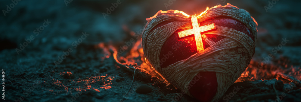 a heart in bandages with a cross shining bright over the top
