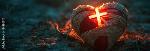 Obraz na płótnie a heart in bandages with a cross shining bright over the top w salonie