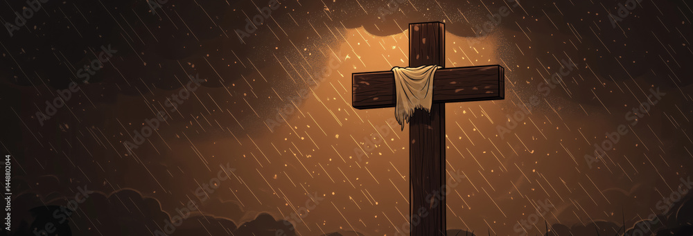 A heavy wooden cross with a rag on it against a dark, stormy sky