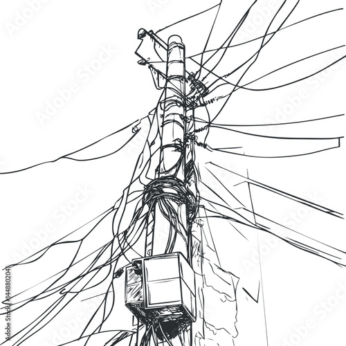 Black and white illustration of a utility pole with multiple electricity wires and cables tangled around it