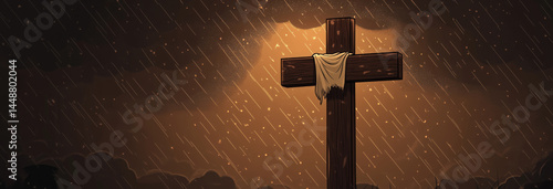 Obraz na płótnie A heavy wooden cross with a rag on it against a dark, stormy sky w salonie