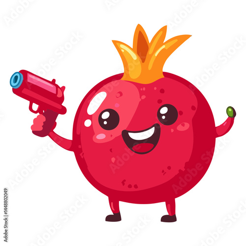Funny Pomegranate Character with Water Gun – Bright Naive Flat Style SVG in Red for Kids Activities, Summer Marketing, and Healthy Fruit Campaigns