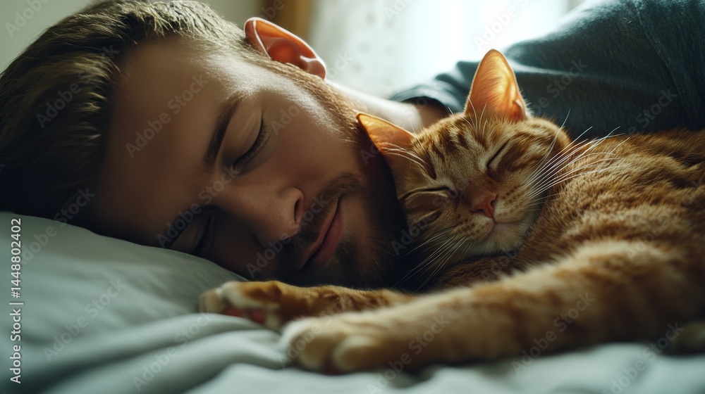 Peaceful Sleep: A Man Embracing His Cat Peaceful Sleep: A Man Embracing His Cat