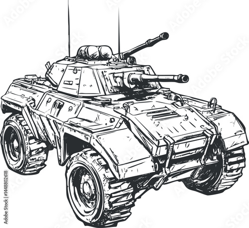 Black and white sketch of an armored military tank vehicle with large wheels and mounted guns for combat and defense