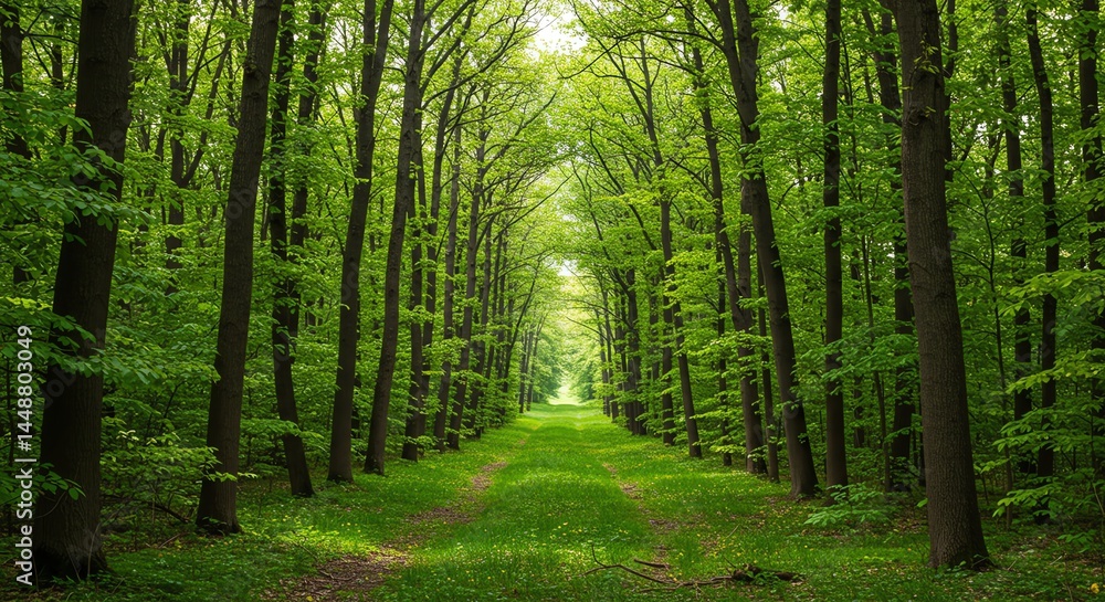 Obraz premium Luminous Green Forest Path: A Serene Nature Scene
