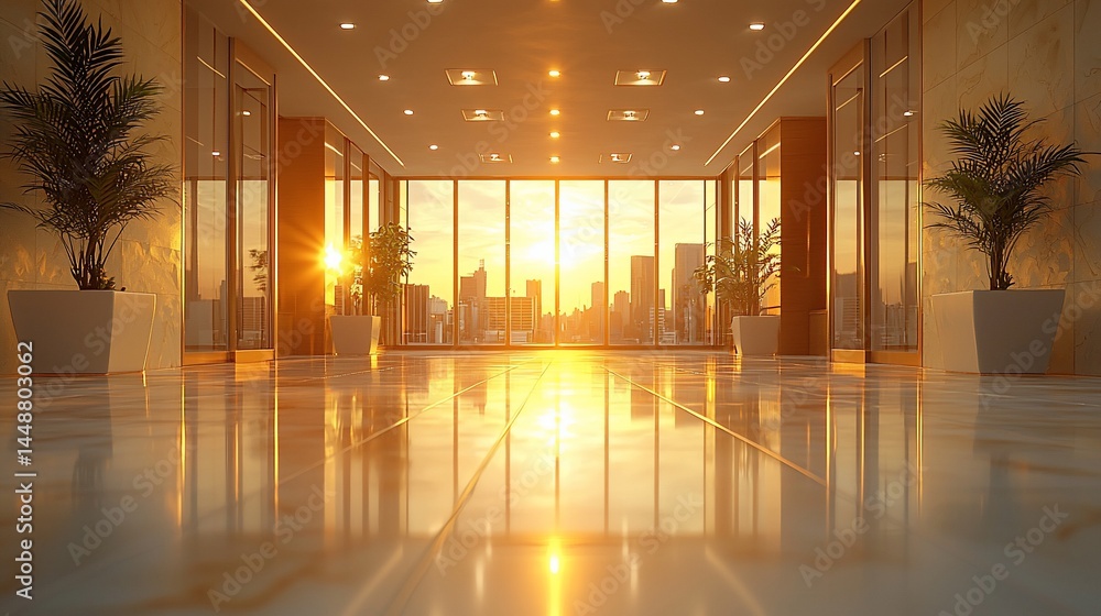 Fototapeta premium Sunrise city view from modern office lobby
