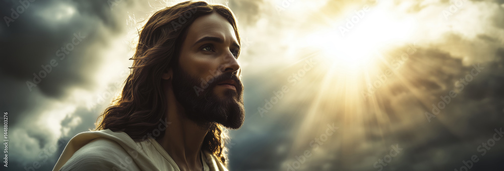 Portrait of Jesus exuding fearlessness and strength, standing against a stormy backdrop with rays of light breaking through dark clouds