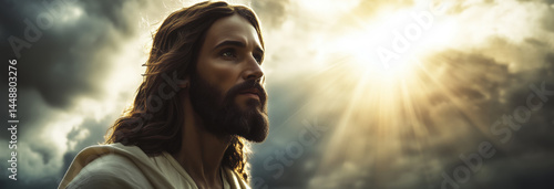 Obraz na płótnie Portrait of Jesus exuding fearlessness and strength, standing against a stormy backdrop with rays of light breaking through dark clouds w salonie