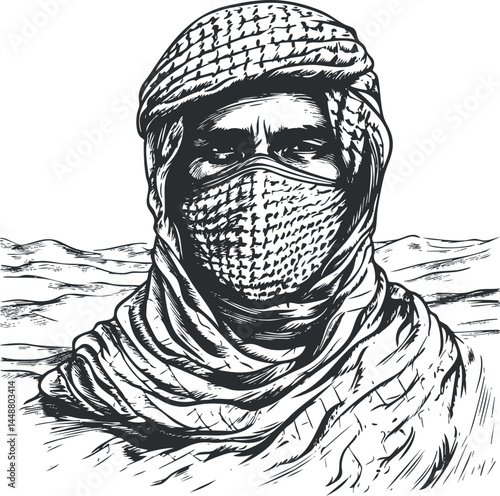 Black and white illustration of a man wearing traditional headscarf and face covering in desert landscape.