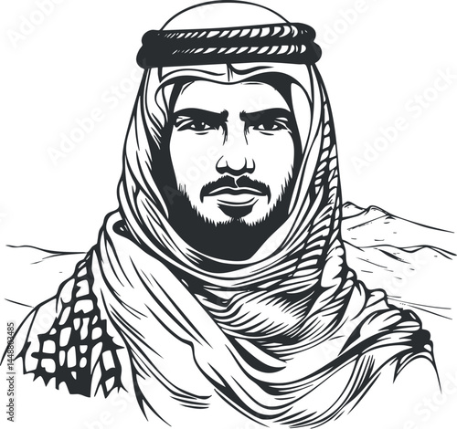 Black and white illustration of a middle eastern man wearing traditional headscarf and robe in desert landscape.