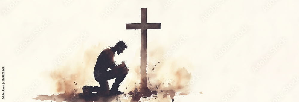 Watercolor painting of a man kneeling in front of a cross, praying to God.