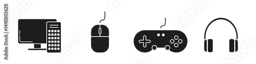 Collection of solid black icons showing a monitor with remote, computer mouse, game controller, and headphones, ideal for gaming or tech themes.
