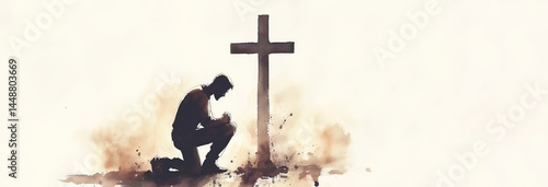 Obraz na płótnie Watercolor painting of a man kneeling in front of a cross, praying to God. w salonie