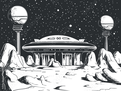 Black and white illustration of a futuristic spaceship landing on a rocky moon surface under a starry sky with two large satellites.