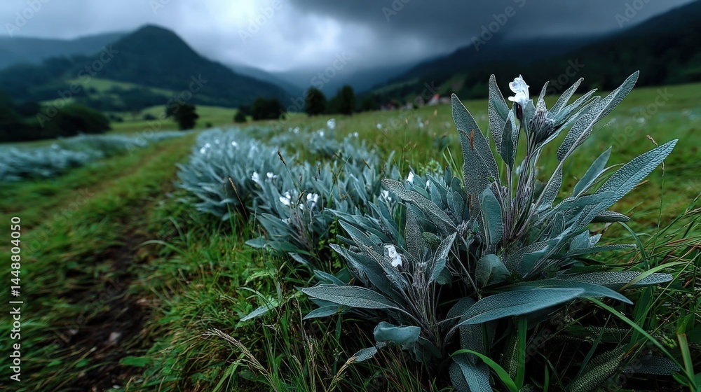 Fototapeta premium Close-up view of vibrant sage plants thriving in a lush field under cloudy skies