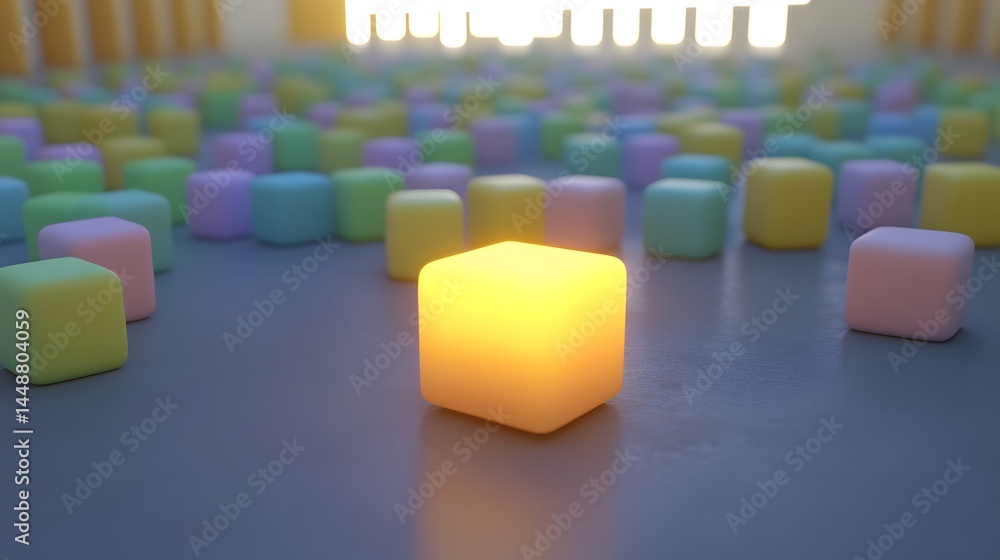 Fototapeta premium Glowing Cube Among Pastel Cubes Abstract 3D Render
