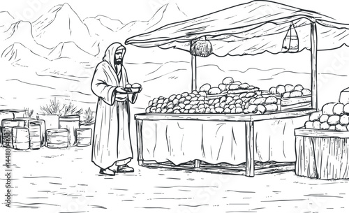 Black and white illustration of a cloaked man selling bread loaves at an outdoor market stall in a desert setting with mountains.
