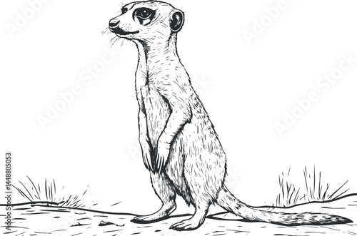 Black and white sketch illustration of a standing meerkat in natural habitat with grass and sand