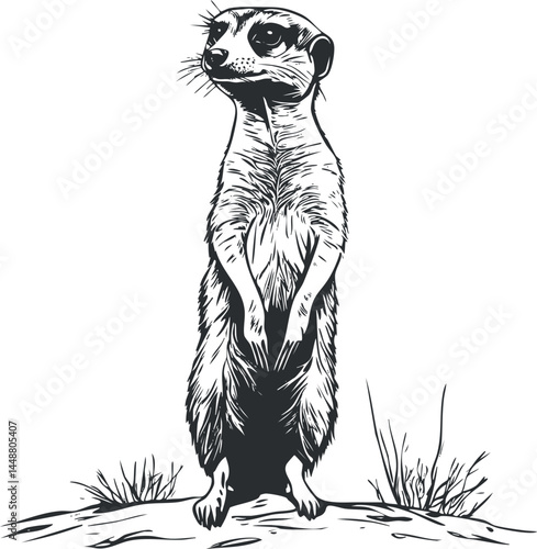 Black and white illustration of a meerkat standing alert on a sandy patch with grass around, showing natural wildlife behavior.