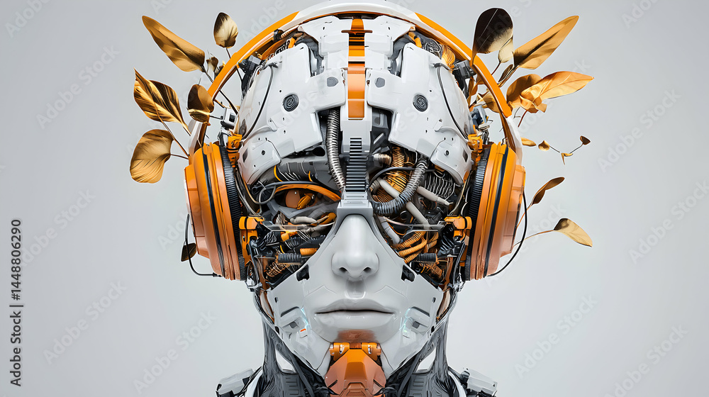 A futuristic cyborg head adorned with gold leaves and headphones. A striking visual concept blending technology and nature. Perfect for science fiction art or promotional materials. A futuristic cyborg head adorned with gold leaves and headphones. A striking visual concept blending technology and nature. Perfect for science fiction art or promotional materials.