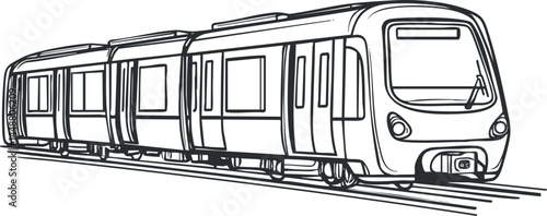 Black and white line drawing of a modern commuter train traveling on railway tracks, illustrating public transportation and urban transit.