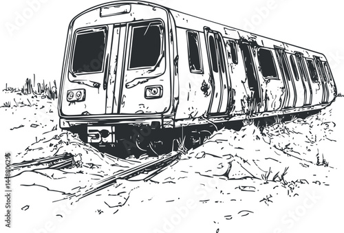 Illustration of a derailed and damaged subway train car abandoned on rough terrain with broken railway tracks