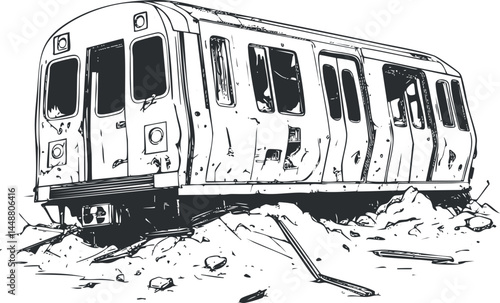 Black and white illustration of an abandoned and damaged subway train car left on broken railway tracks with debris.