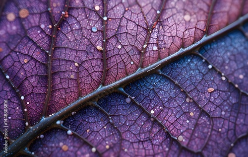 Close up of leaf showing its veins and texture in shiny blue and purple color, close of up glittery blue and purple leaf showing its veins and structure