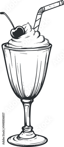 Black and white sketch of a milkshake in a glass with whipped cream, cherry, and straw