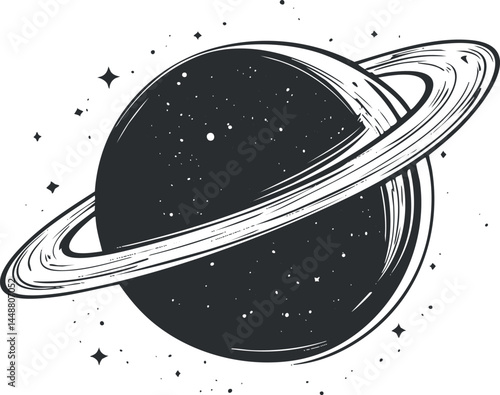 Black and white illustration of a ringed planet surrounded by stars in outer space
