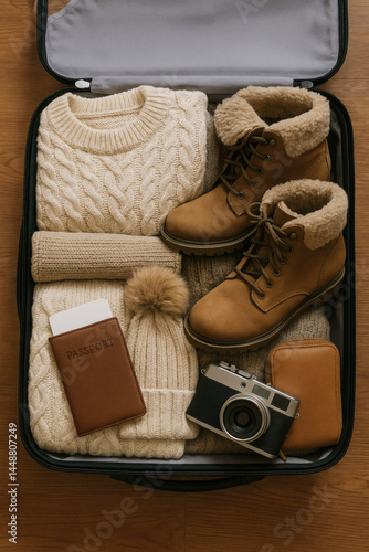 Suitcase packed with winter clothing, boots, passport, camera, and wallet for a cozy travel adventure. Ready for a stylish journey!