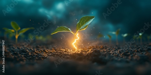 A plant is growing in the dirt with a lightning bolt in the middle