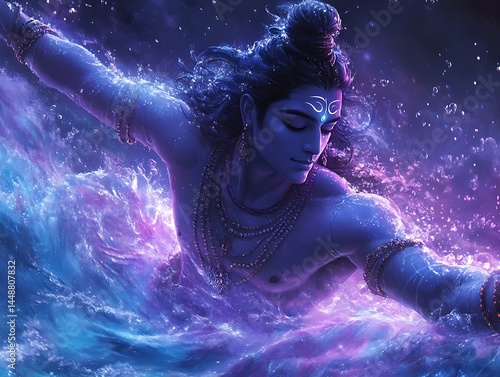 A person with long hair swims in swirling water. Lord Hanuman bowing to Lord Rama with Sita and Lakshmana Lord Hanuman bowing to lord Rama