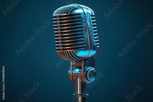 Vintage microphone gleaming under soft lighting a symbol of timeless broadcasting