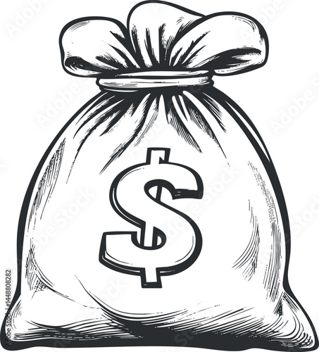 Black and white sketch illustration of a money bag with a dollar symbol representing cash and wealth