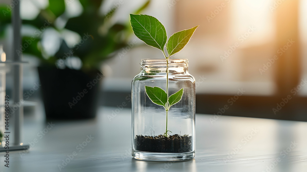 A sprout in a glass jar symbolizes growth nature and sustainability. It inspires eco-consciousness promoting environmental awareness and well-being. A sprout in a glass jar symbolizes growth nature and sustainability. It inspires eco-consciousness promoting environmental awareness and well-being.