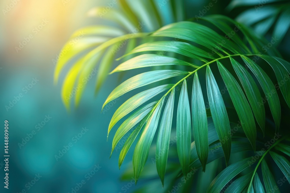 Lush green palm fronds against a softly blurred teal-toned background Tropical
