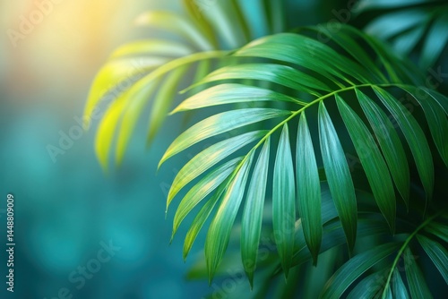 Obraz na płótnie Lush green palm fronds against a softly blurred teal-toned background Tropical w salonie