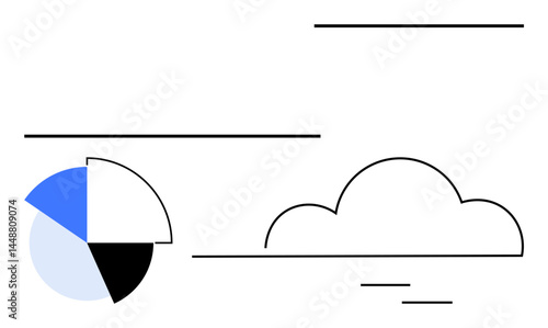 Pie chart beside a cloud with abstract lines, representing data analysis, cloud storage, and technology. Ideal for technology, analytics, cloud computing, data visualization, minimalism tech trends