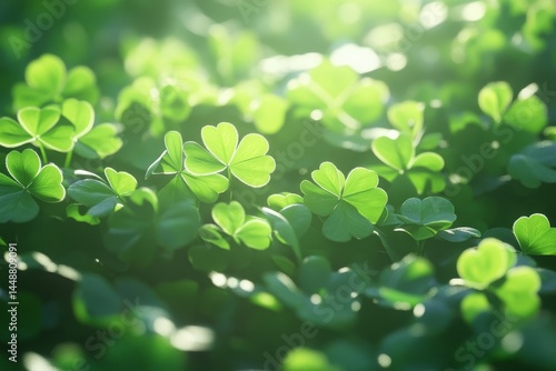 A bunch of green clovers are in a field